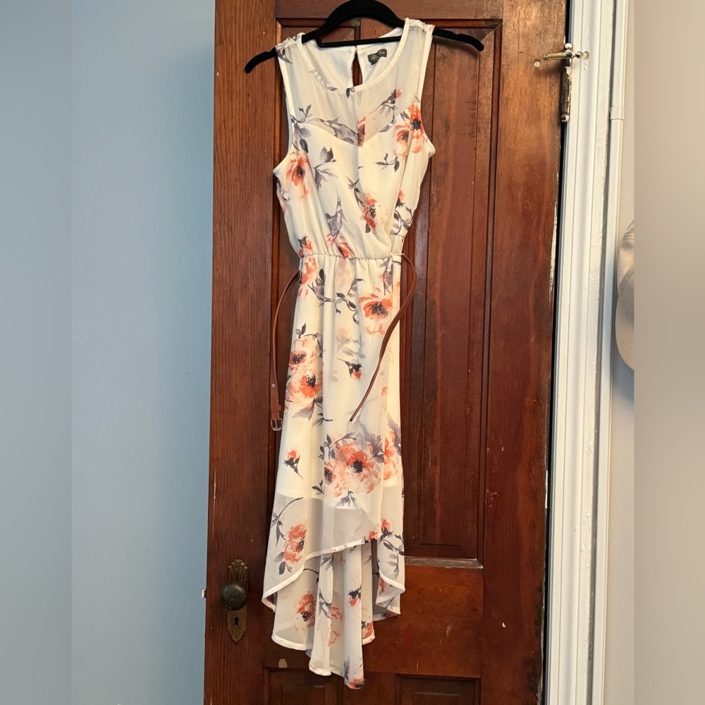 Cream floral dress with brown belt